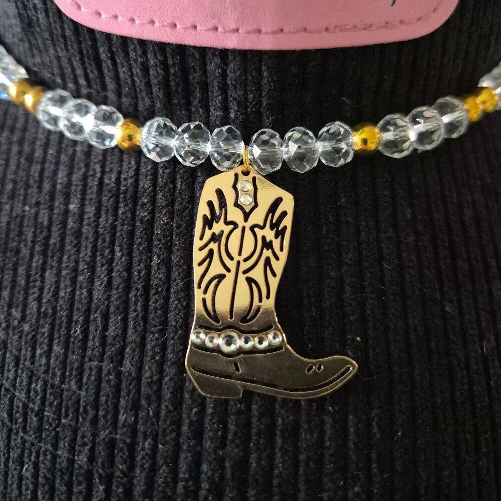 Beaded Western Hat Band Clear Crystal & Gold with Boot Pendant